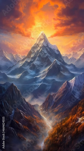 Incredible landscape of snowy mountain in the light of setting sun.