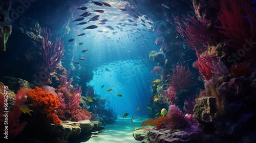 Underwater Coral Tunnel: Photorealistic, diver's perspective, vibrant coral walls, schools of neon fish swimming, dappled sunlight filtering through water, shafts of light, serene atmosphere © Marco Attano