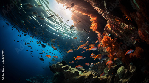 Fototapeta Naklejka Na Ścianę i Meble -  Underwater Coral Tunnel: Photorealistic, diver's perspective, vibrant coral walls, schools of neon fish swimming, dappled sunlight filtering through water, shafts of light, serene atmosphere