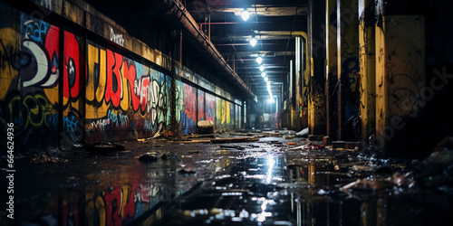 Abandoned Subway Tunnel: Grunge aesthetic, graffiti - covered walls, dim overhead lighting, puddles reflecting light, rats scurrying, urban decay