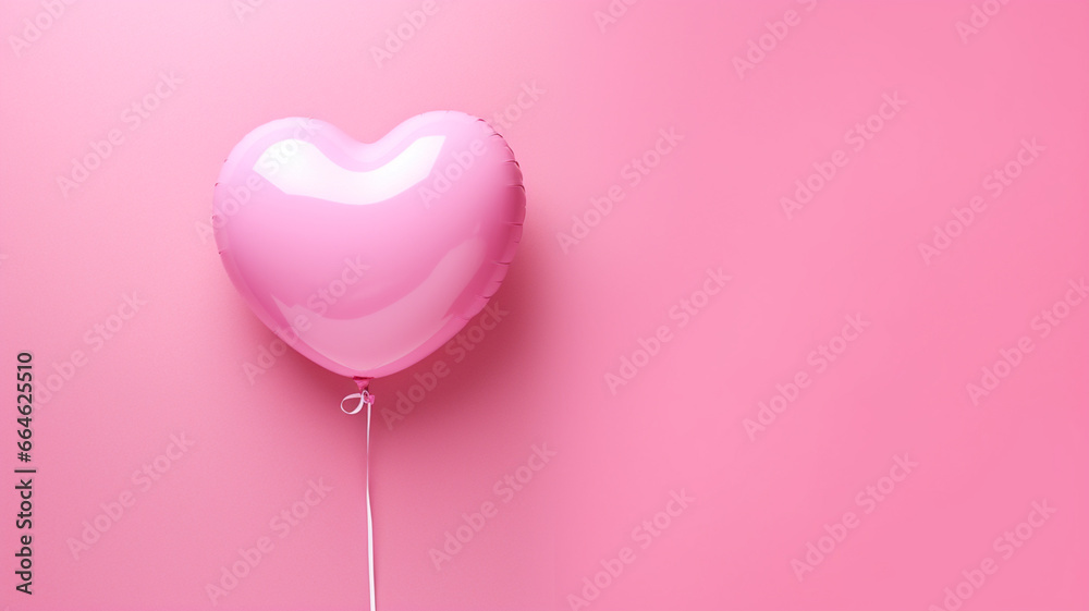 Różowy balon w kształcie serca na jednolitym tle - obrazy, fototapety, plakaty 