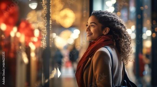 Attractive african american woman looking at Christmas decorations inside a store window joyfully photo