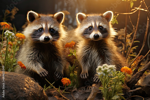 Playful Raccoons in Meadow