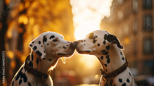 Dwa psy dalmatyńczyki całują się podczas zachodu słońca
