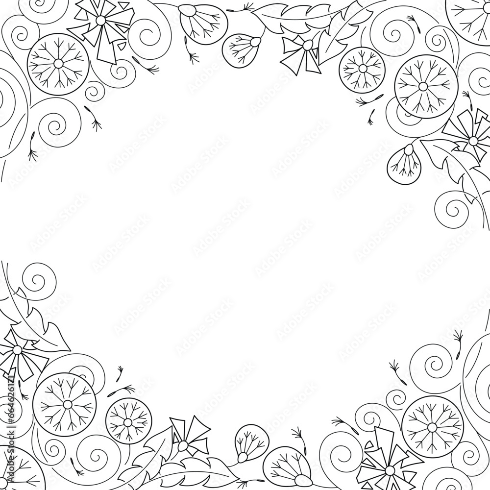 Abstract semicircular floral frame made of arcs. Contour black and white dandelions, stylized plant vector background. Abstract semicircular floral frame made of arcs. Contour black and white dandelions, stylized plant vector background.