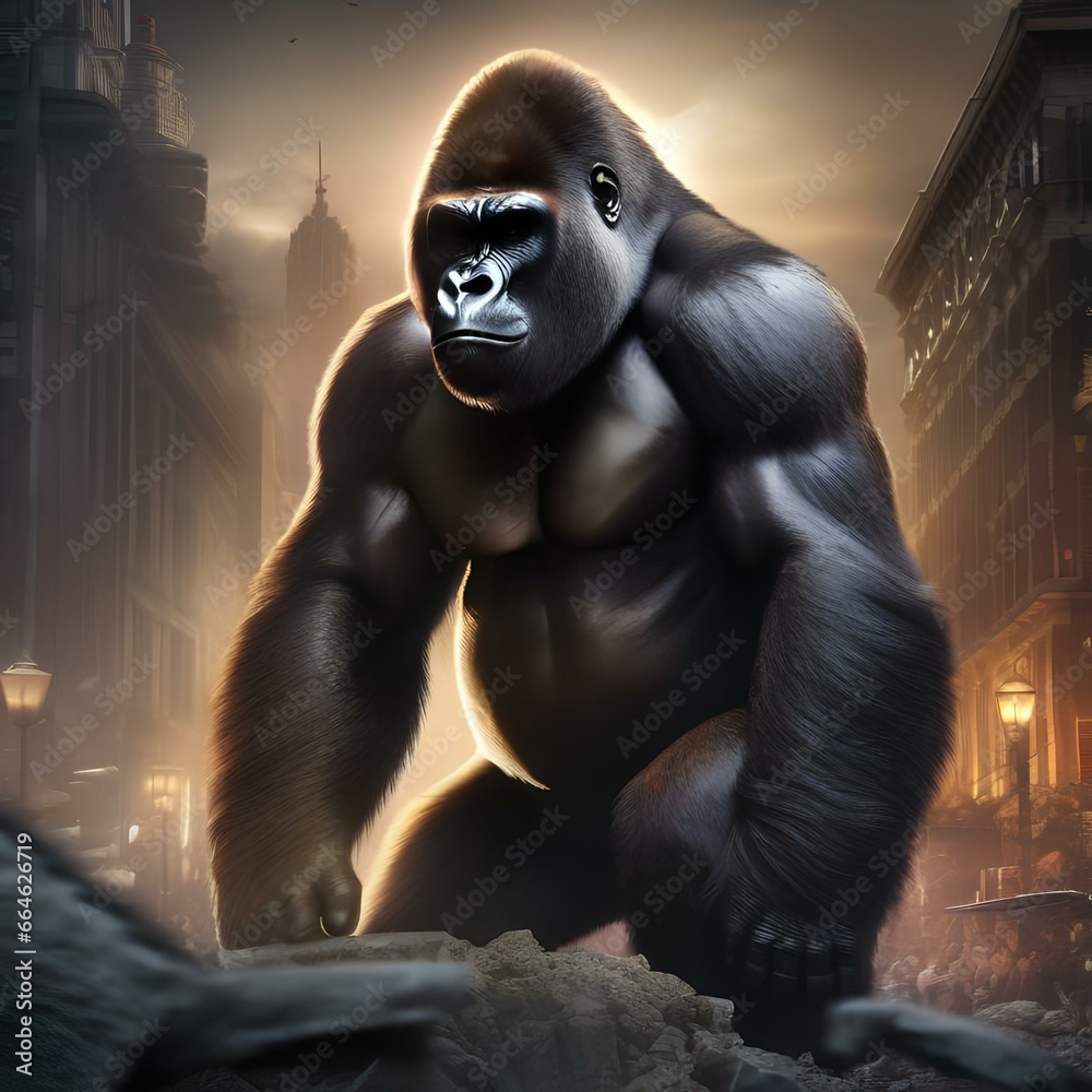 A powerful gorilla with an emblem on its chest, saving a city from destruction2 A powerful gorilla with an emblem on its chest, saving a city from destruction2