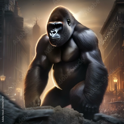 A powerful gorilla with an emblem on its chest, saving a city from destruction2