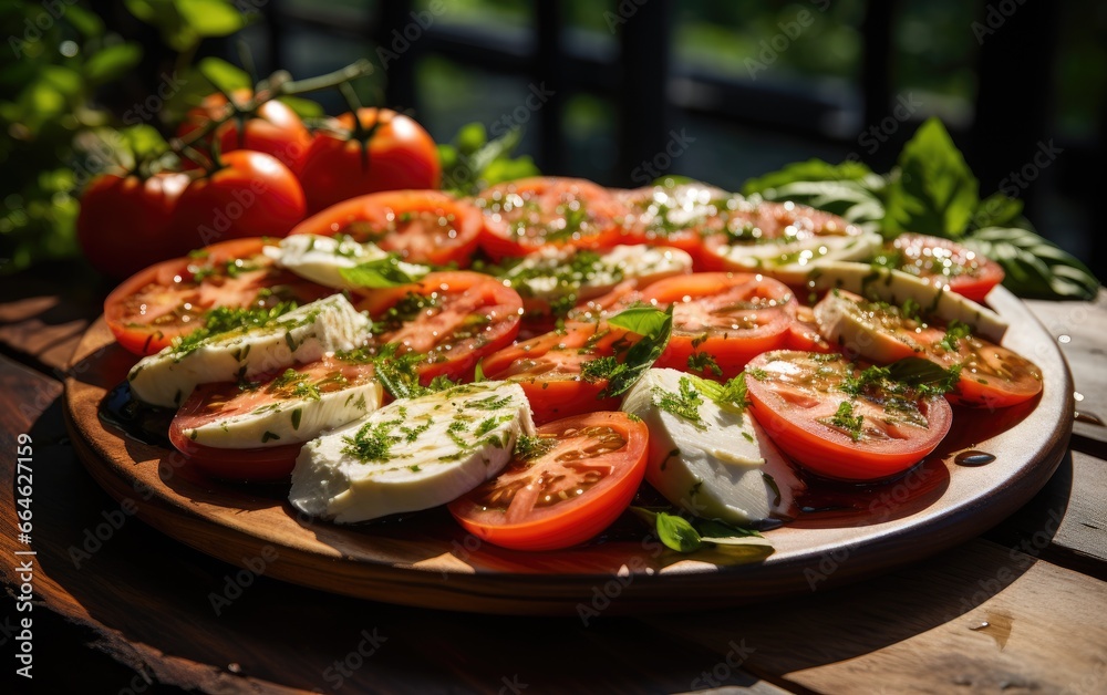 Caprese, delicious salad of mozzarella and tomatoes and basil on a wooden board