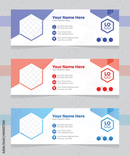 Professional vector business email signature design template set with three color variations red blue purple gradient. standard size white background.