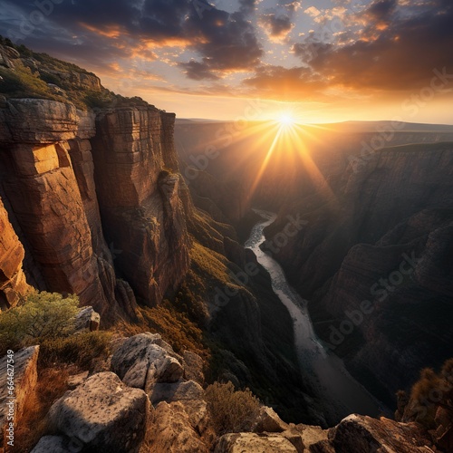 AI generated illustration of a canyon with cliffs illuminated by the warm light of the rising sun