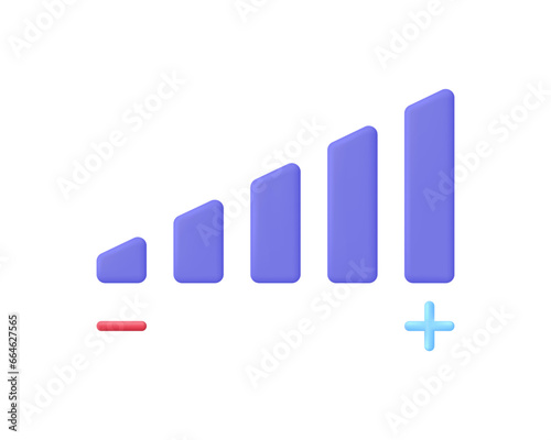 3D Volume indicator illustration. Less and more volume. Level visualization. Scrollbar volume, brightness.