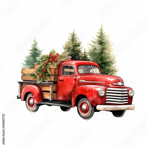 old christmas truck on white background, watercolor style