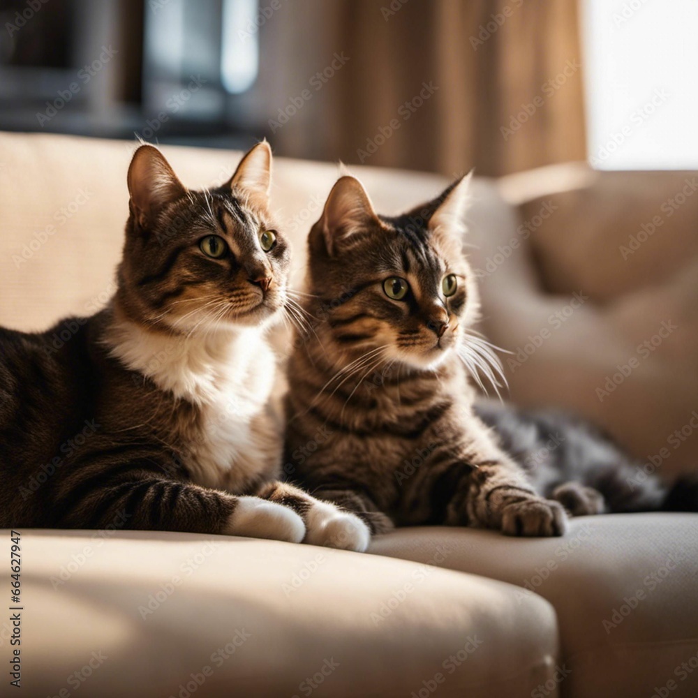 two cats laying on a couch looking at the camera on the left