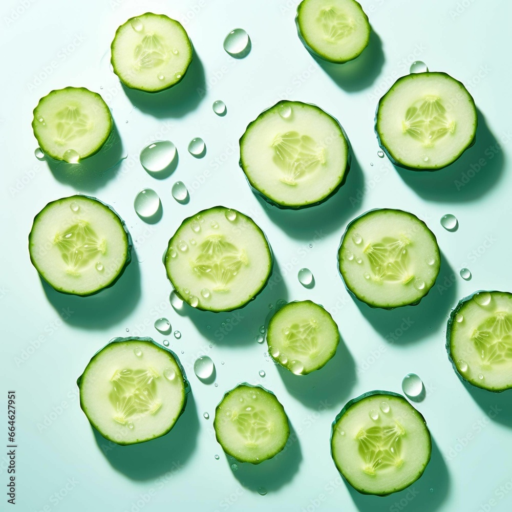 AI generated illustration of freshly cut cucumber slices with water drops on a blue surface AI generated illustration of freshly cut cucumber slices with water drops on a blue surface
