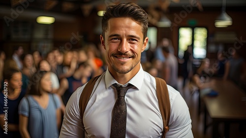 Smiling man in crowd, emanating confidence amid bustle.