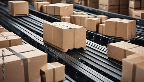 Multiple cardboard box packages on conveyor belt in close-up © ibreakstock