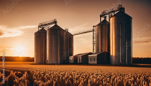 Agricultural silos for storage and drying of grains amidst beautiful sunset over wheat field in autumn