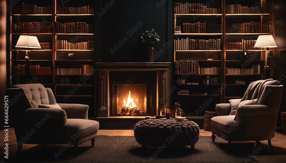 Fototapeta premium Comfortable fireplace room: Warm fire, bookshelves, and cozy armchairs