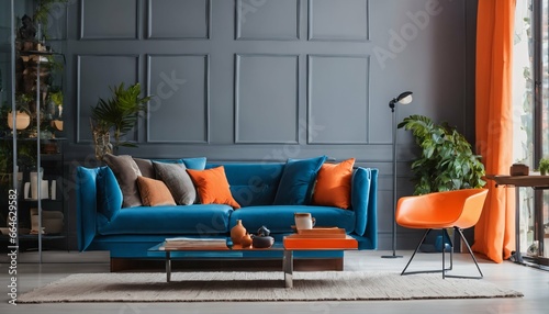 Modern living room interior: Bright multicolored, blue sofa, and orange armchair © ibreakstock