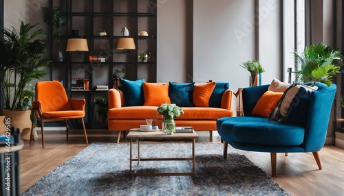 Modern living room interior: Bright multicolored, blue sofa, and orange armchair