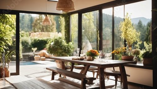 Outdoor deck access from sunny dining space with fireplace photo