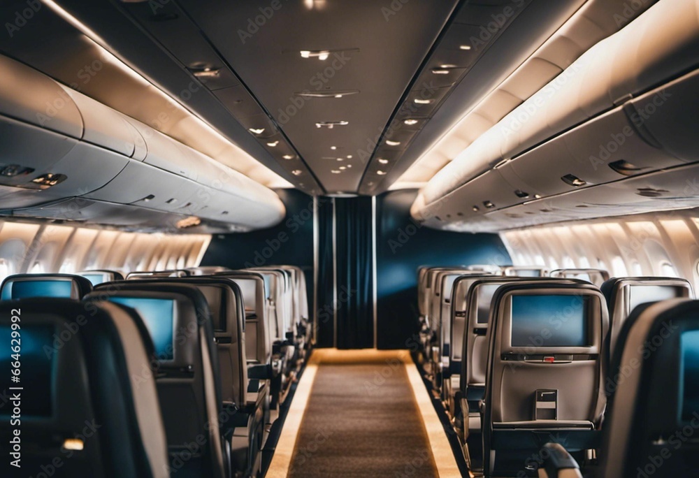 AI generated illustration of An interior view of a modern commercial airplane cabin AI generated illustration of An interior view of a modern commercial airplane cabin