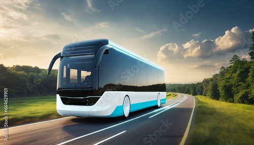Electric autonomous bus on open highway: Futuristic transport with beautiful nature backdrop