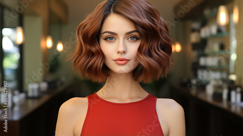 portrait of a young woman with red lipstick. beautiful girl with curly hairstyle. © S...