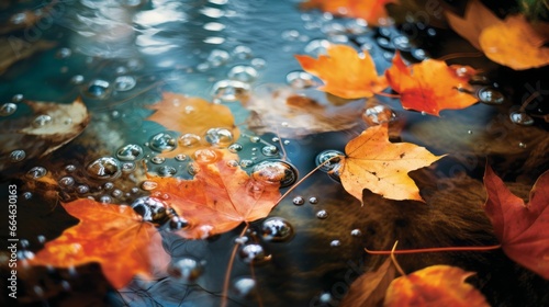 AI generated illustration of bright orange leaves with small water droplets reflecting the light