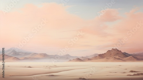An expansive desert landscape with the horizon shifting from golden sand to soft pastel pink.