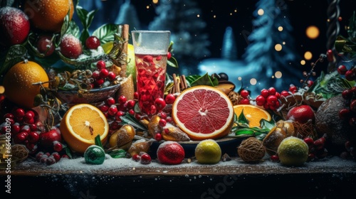 AI generated illustration of fresh fruits and berries with pine branches in the background photo
