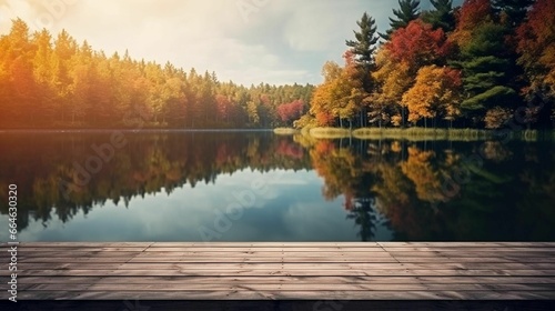 Scenic panoramic view of a tranquil lake surrounded by an array of colorful autumn foliage trees