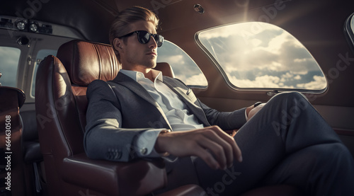 handsome businessman flying on his private jet. concept of a successful businessman photo