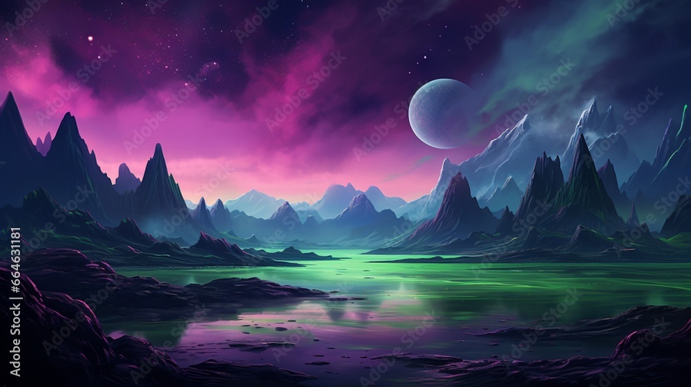 An otherworldly alien landscape with surreal gradients of neon green and dark violet.