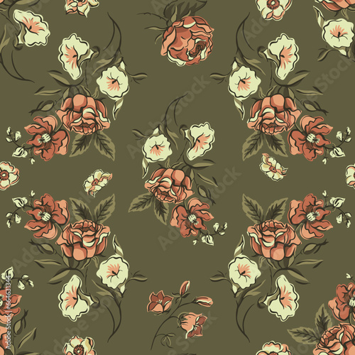 Vintage floral seamless pattern. Blooming dark flowers, Victorian wildflowers with moth