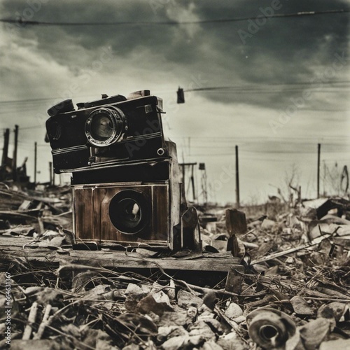 AI generated illustration of an antique camera sitting amongst a pile of debris in a field