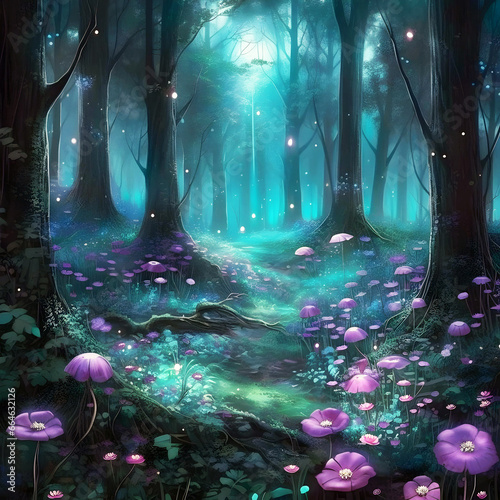 a magical forest with purple flowers in the style of dark magic