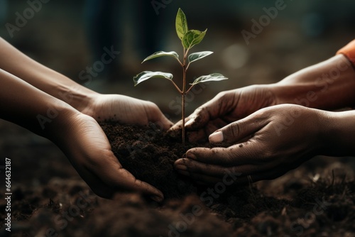 Ecologically-minded Hands planting tree. Green human concept. Generate Ai