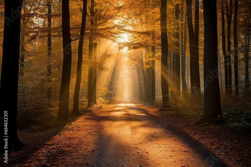 AI generated illustration of a dirt road in a wooded area, illuminated by the sun's rays
