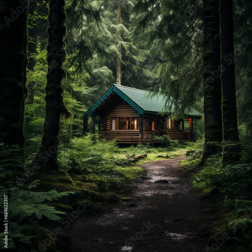 AI generated illustration of A rustic-style cabin in a lush  green forest setting