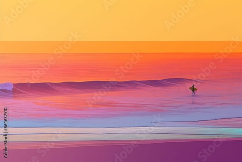 AI generated illustration of a surfer in the ocean, with the sky illuminated by orange and pink hues