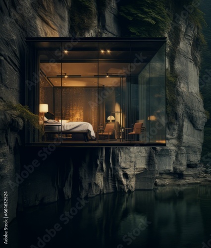 AI generated illustration of A modern bedroom with a view of a river below, on a mountain cliff