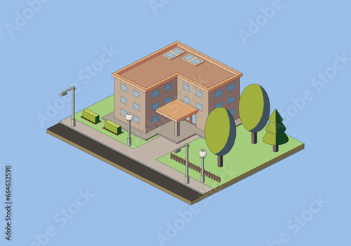 Isometric building with road and trees. Vector illustration.