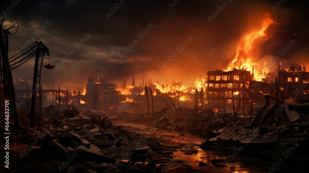 AI generated illustration of an aerial view of a cityscape ravaged by a destructive fire