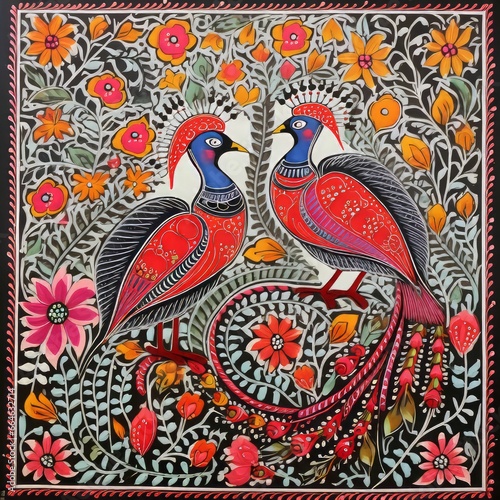 AI generated illustration of a vibrant and colorful Madhubani painting of birds in the Bharni style photo