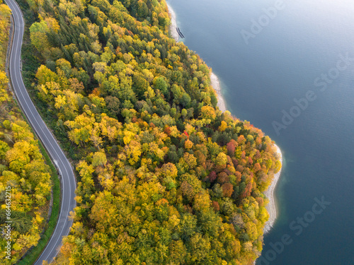 Idyllic road by the lake in autumn