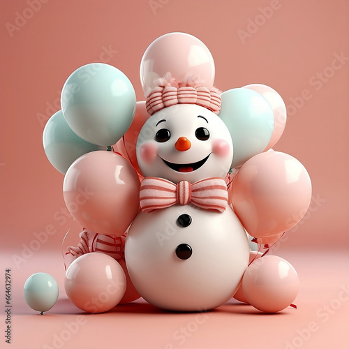 3d render of snowman with balloons in photostudio background-christmas - cute snowman , happy christmas and new year festival -ai generated