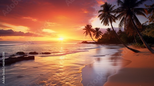 Capture the serene beauty of a secluded tropical beach at sunrise  with palm trees swaying in the gentle breeze and crystal-clear waters glistening under the golden sun.