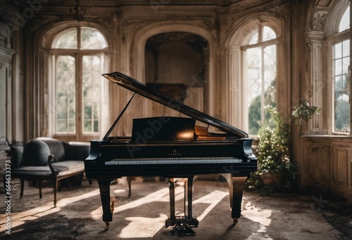 Glossy black grand piano situated on a smooth wooden floor in a classic room, AI-generated. © Wirestock