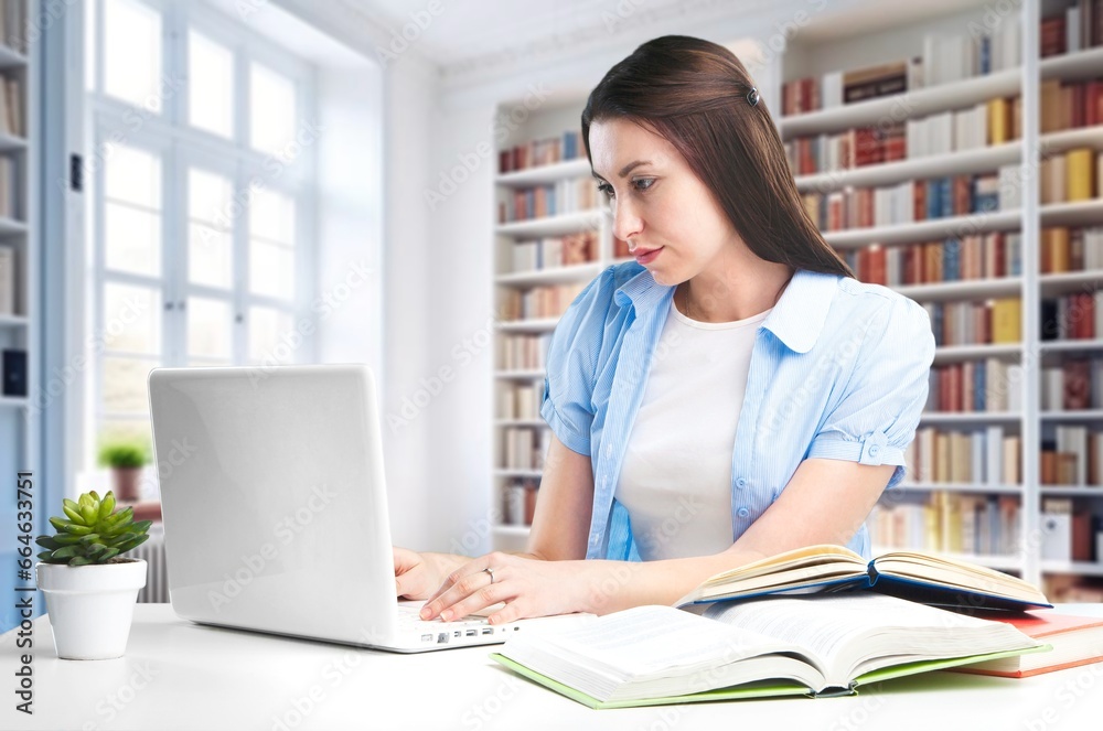 Pretty teen student prepare for exams in library, AI generated image